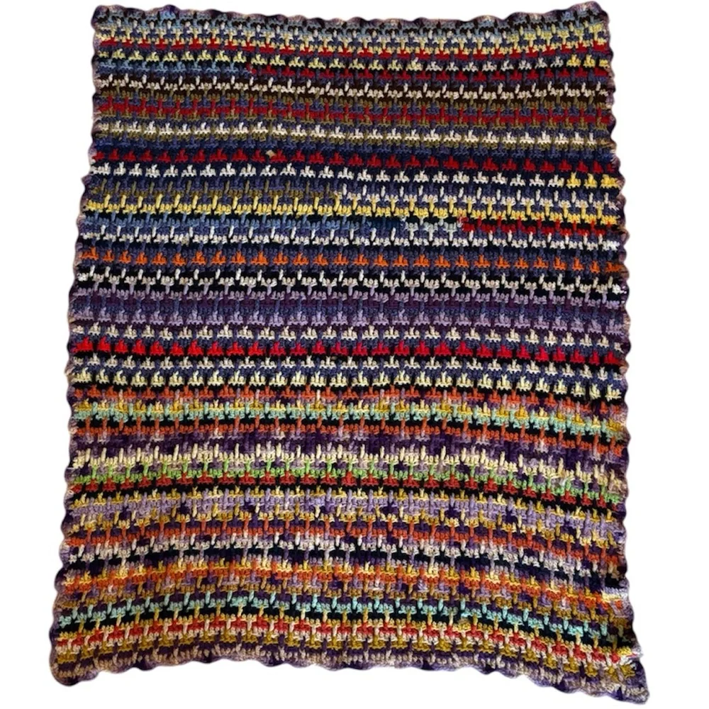 Rare Vintage 60s 70s Multicolor Crochet Afghan Psychedelic Scrappy Blanket Quilt